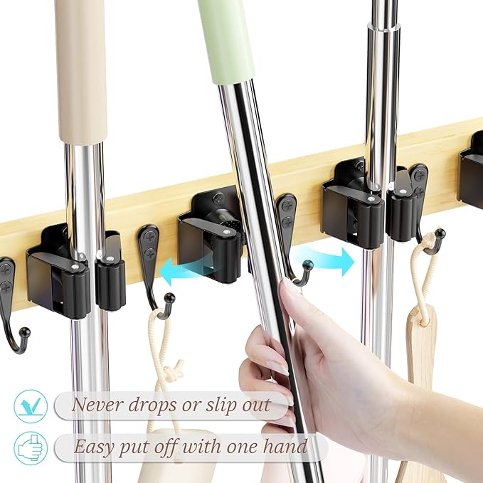 Mop and Broom Holder Wall Mount - Bamboo Broom Mop Hanger - Wall Mounted Garden Tool Rack Organizer for Closet Garage Laundry Room Kitchen Decor With 5 Slots & 4 Hooks