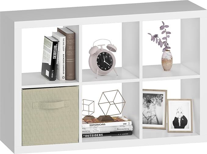 6 Cube Organizer, White Cube Storage Organizer with Fabric Bin, Cube Storage Shelf for Bedroom, Living Room, Office, Modular Bookshelf Organizer for Books, Closet