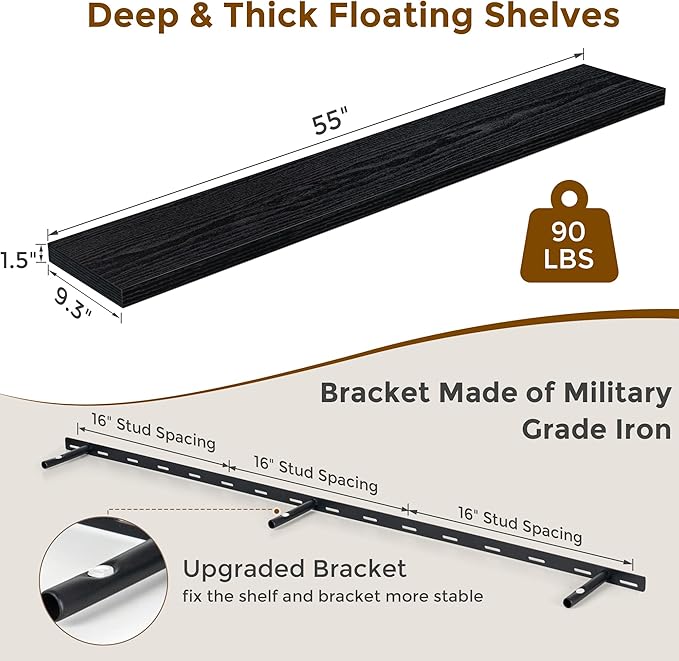 Fun Memories Black 55Inch Floating Shelves for Wall 1 Pack Shelves for Bedroom|Kitchen|Bathroom Wall Mounted Rustic Wood Floating Shelf with Invisible Brackets for Books|Storage|Decor