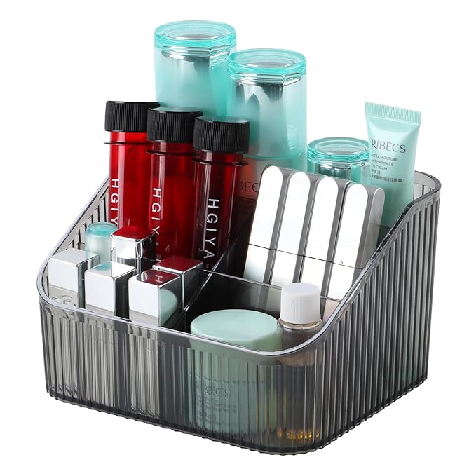 Black Makeup Brush Holder & Organizer for Vanity, Bathroom Countertop - 5 Cup Toiletry Organizer for Skincare, Perfume, Hairbrush, Sunglasses & Desk Accessories