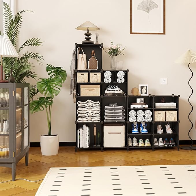 AWTATOS Cube Storage Closet Organizer Storage 12 Cube Shelves, Large and Small Cubes, DIY Portable Closet Clothes Storage Shelfs for Home, Bedroom, Black