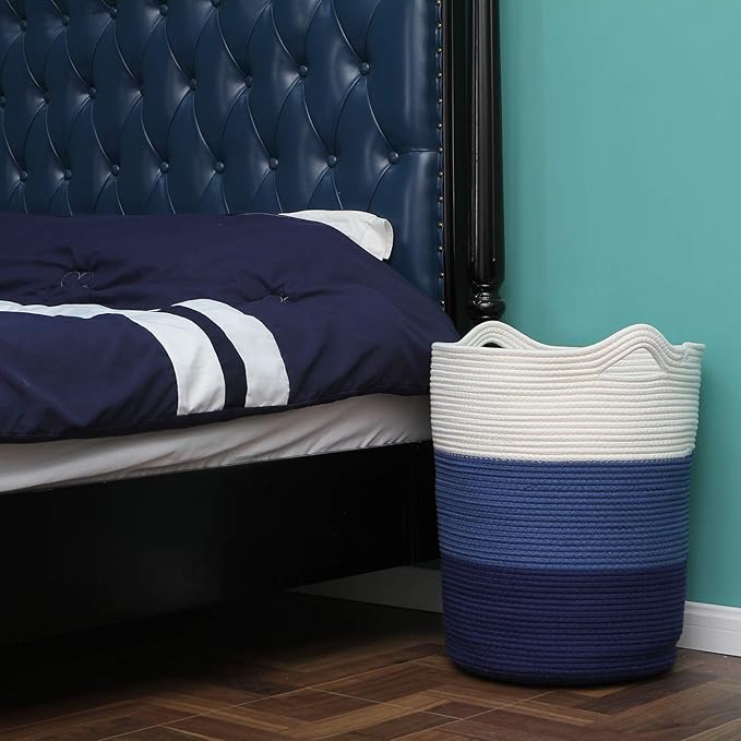 Sea Team Large Size Cotton Rope Woven Storage Basket with Handles, Laundry Hamper, Fabric Bucket, Drum, Clothes Toys Organizer for Kid's Room, 20 x 14 inches, Round Open Design, White & Navy