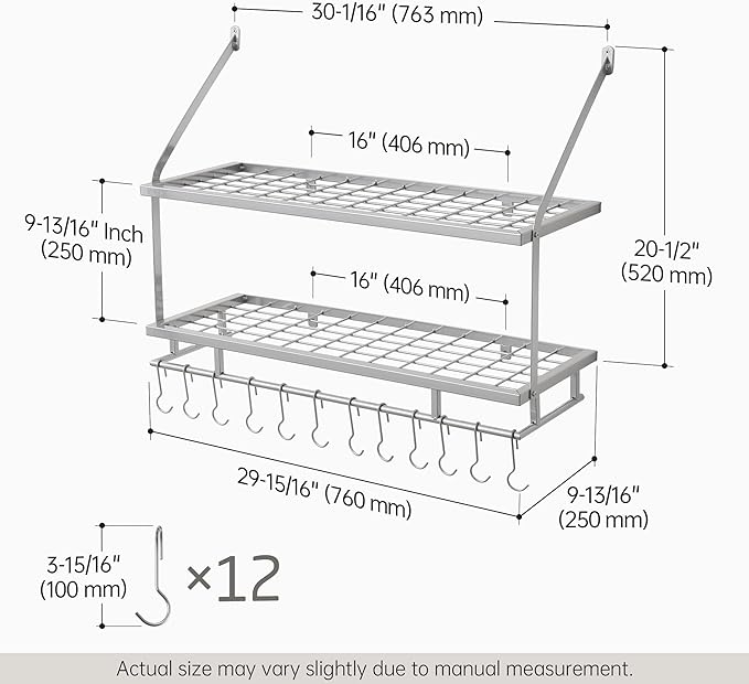 KES 30-Inch Silver Gray Pot Rack Wall Mounted, 2-Tier Hanging Pot and Pan Organizer with 12 Sturdy Hooks, Kitchen Wall Hanger Shelves Modern, KUR215S75B-SG