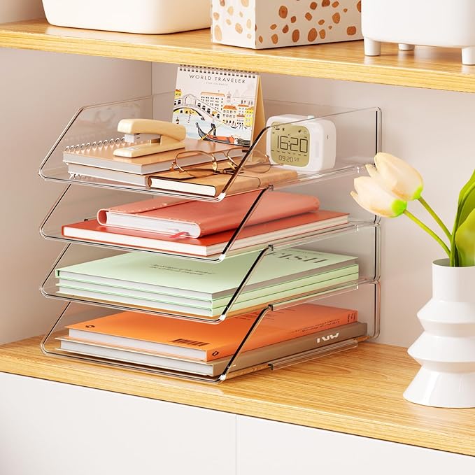 YKLSLH 4 Tier Paper Organizer Letter Tray - Acrylic Stackable Desk File Organizer, Clear Paper Sorter Office Organizer for Letter/A4, Office File Ipad Books Notes Etc