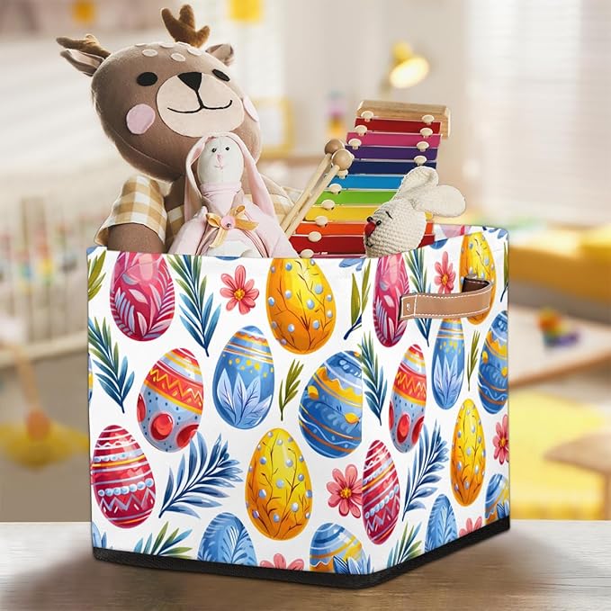 TropicalLife 13x13x13 Inch Large Fabric Storage Cube Easter Eggs Foldable Storage Bin with Handles Organizer Boxes Cube Basket for Shelves Organizing Closet