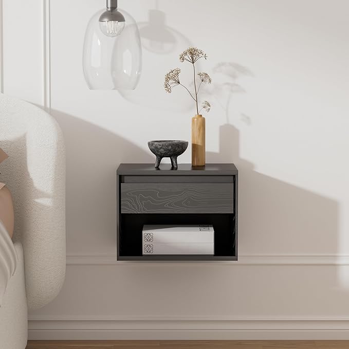 Mid Century Modern Floating Nightstand Set of 4, Wall Mounted End Table with Drawer and Open Compartment Wooden Bedside Night Stand Small Storage Cabinet for Bedroom, Black