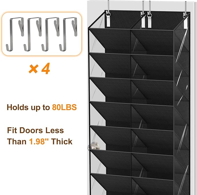 30 Pairs Over the Door Shoe Organizer, Clear Pockets Hanging Shoe Storage for Closet, 10-Tier Door Shoes Rack Storage, Handing Shoes Holder Fit All the Family's Sneakers, Boots, Heels, Black