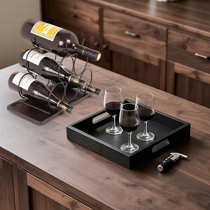 Countertop Wine Rack,Small Wine Rack and Wine Bottle Holder for 6 Bottles, Rustic Wood and Metal Freestanding Wine Organizer for Kitchen, Tabletop, or Bar