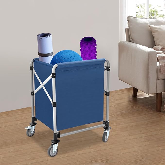 Commercial Laundry Cart with Wheels,Folding Laundry Hamper Cart,Heavy Duty Rolling Laundry Basket with Large Capacity,Laundry Sorter Trolley for Home Hotel Apartment (Blue, 23.62 * 19.69 * 23.62in)