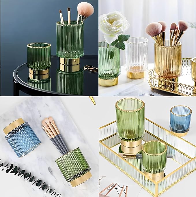 Makeup Brush Holder Organizer, Heavy Crystal Glass Brush Storage Holder, Vintage Cosmetic Make Up Bathroom Brushes Cup Pen Pencil Toothbrush Holder Striped Vase (S+L (blue))