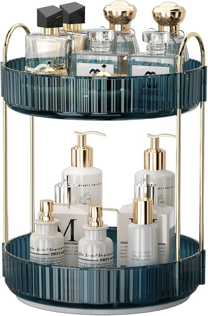 360 Rotating Makeup Organizer for Vanity, Bathroom Countertop Organizer Spinning Perfume Organizer, High-Capacity Cosmetic and Skincare Dresser Make Up Holder Rack (2 Tiers, Blue)