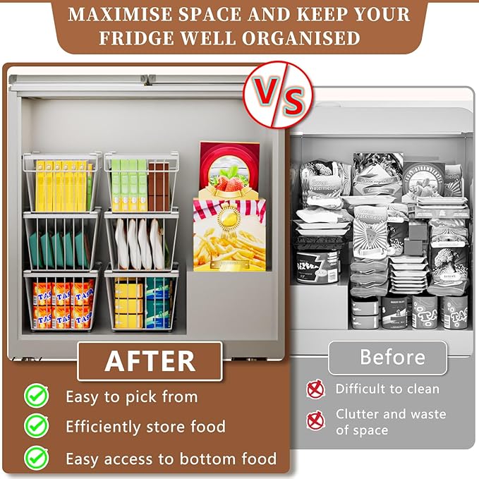 Enhanced Leak-Proof Bottom - Freezer Organizer Bins ，5 Pack Stackable Deep Freezer Organizer Bins for 7 Cu.FT Small Chest Freezer，Easy Get Bottom Foods without Digging
