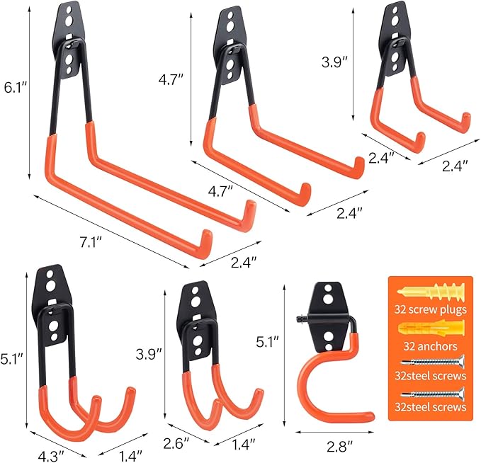 16 Pack Heavy Duty Garage Hooks with Extension Straps, Double Hook Design with Triple Welded Reinforcement, Supports Up to 100 lbs, Ideal for Home, Garden and Tool Storage