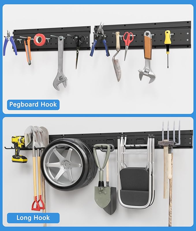 48 Inch Garage Storage Rack, Heavy Duty Wall Mount Organizer with 3 Metal Track Rails and 16 Hooks, Compatible with Pegboard and Slatwall, Black