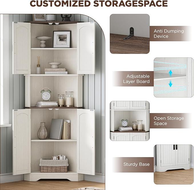 Maupvit Tall Corner Cabinet, Farmhouse Corner Storage Cabinet with 4 Barn Doors and Adjustable Shelves, Storage Pantry Cabinet for Kitchen, Living Room, Laundry Room, White