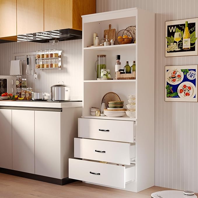 oneinmil 70" H 6-Tier Bookshelf with 3 Drawers, White Bookcase with 3-Tier Open Shelves, Tall Book Shelf with Storage Space, Wooden Storage Cabinet for Living Room, Bedroom, Office (White, 6-Tier)