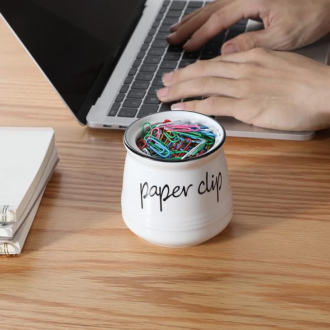 ONTUBE Farmhouse Paper Clip Holders,Ceramic Binder Clip Dispenser Organizer for Desk ,Cute Office Push Pins Holder,12 oz (White)