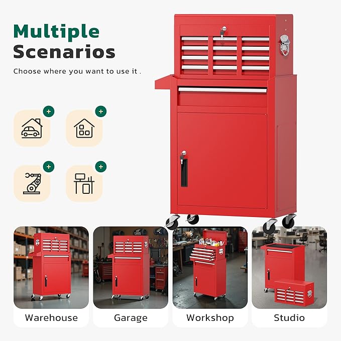Greenvelly Tool Chest, 5-Drawer Rolling Tool Chest with Hooks and Lockable Wheels,Metal Storage Detachable Top Tool Box with Lockable Wheels for Garage,Workshop,Art Studio(Red)