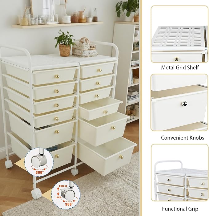 White 12 Drawers Rolling Storage Cart With Drawers, Multipurpos Plastic Storage Trolley, Rolling Carts With Wheels, Craft Corner Storage Organizer for Kitchen Bathroom Garage Salon Shop Office