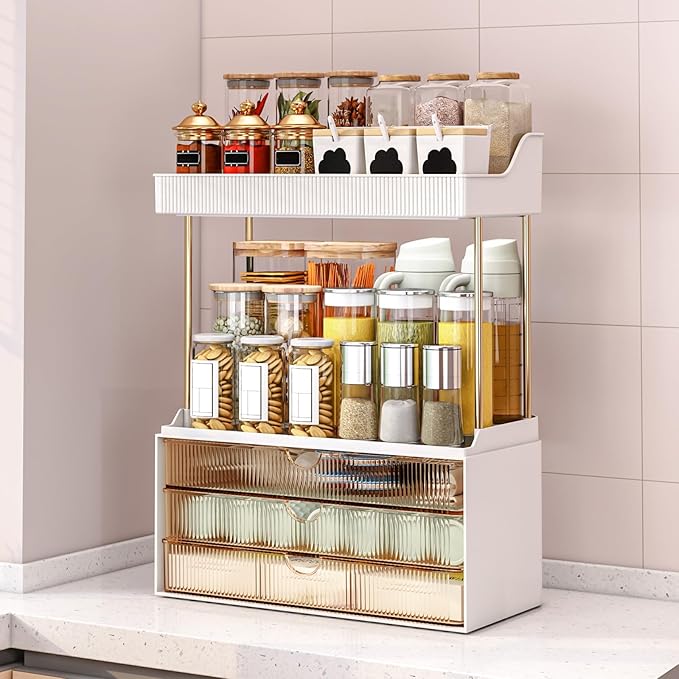 Bathroom Organizers and Storage - 3 Drawers 2 Tier Makeup Organizer, Cosmetic Storage Drawer for Dresser Countertop and Bathroom Vanity for Large Skincare, Perfume, Amber