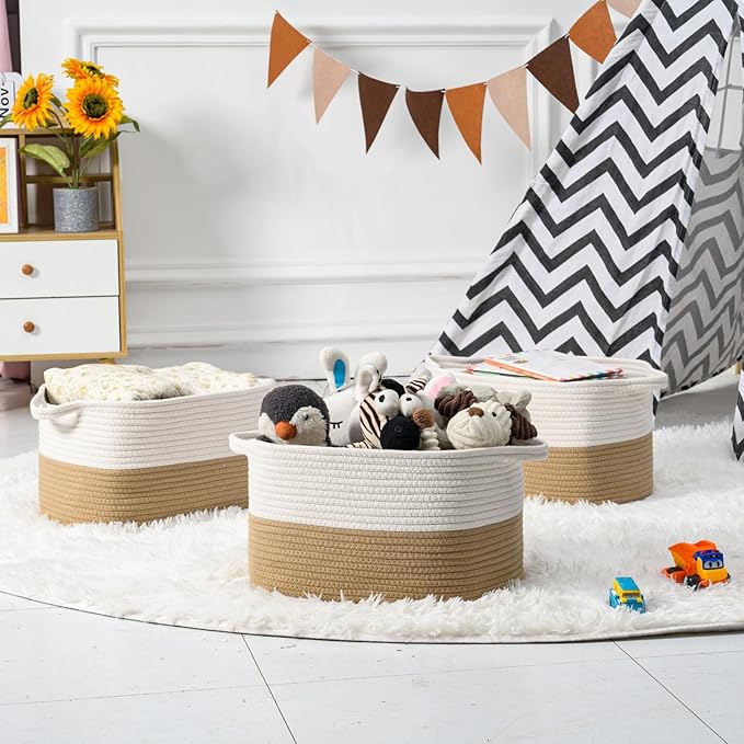 DUHEL Cotton Rope Woven Storage Basket, Used for Baby Hamper Toy Organizer, Gift Baskets Empty,Kids Laundry Basket,Baby Blanket Storage. Size 15x10x8.7 Inches. (White&Khaki-3PCS)