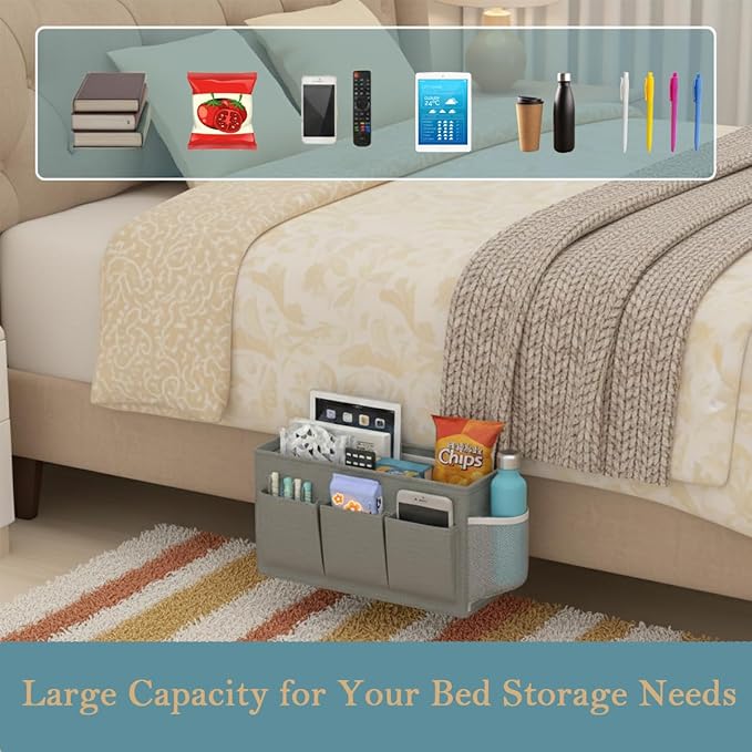 Dual-Purpose Bedside Caddy Organizer Hanging Storage Bag Dorm Storage for Home, Dorm, Bunk, Hospital Beds, Bed Caddy Holder with 6 Pockets for Magazines, Books, Phones, Remotes, Bottles