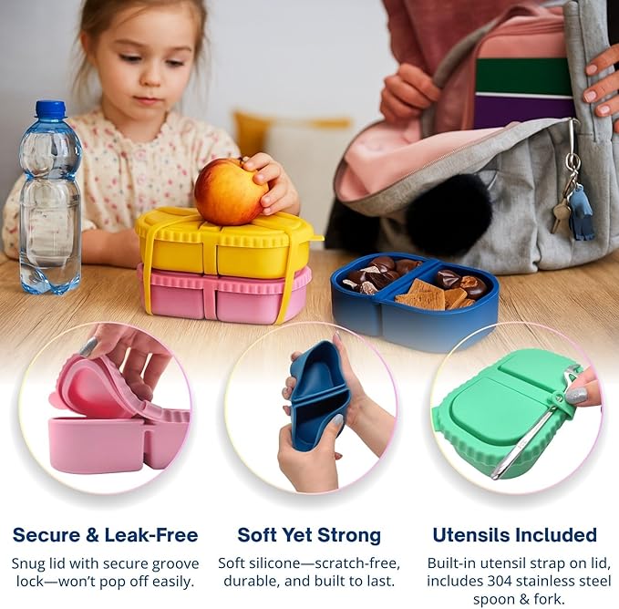 2 Pack Reusable Silicone Snack Containers with Lid, Strap, Spoon & Fork-2 Compartments Portable Mini Containers，Silicone Snack Storage Box for Picnic, Office, School(blue+green)