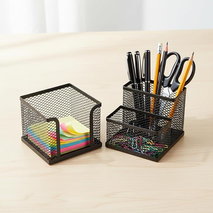 Pencil Holder for Desk, Dual-Compartment Mesh Desk Organizer Set, 2-Piece Set Black Pen Storage Holder & Post It Organizer for Home Office Desk Supplies