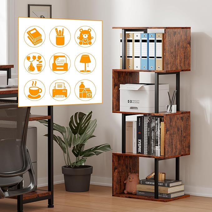 Furologee 5 Tier Bookshelf, S Shaped Geometric Bookcase, Narrow Freestanding Display Shelves, Modern Wood Decorative Storage Rack for Bedroom, Living Room, Home Office, Rustic Brown