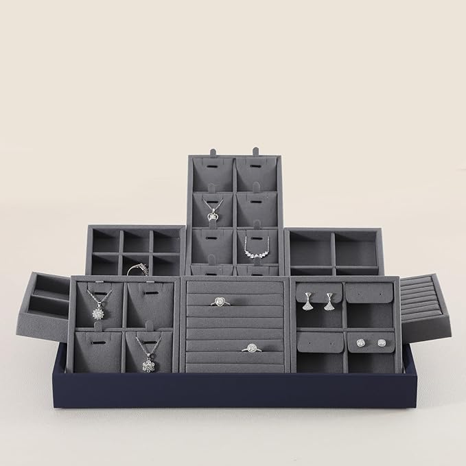 Dark Blue Jewelry Display Tray Ring Necklace Earring Bangle Organizer Multifunctional Storage Case for Jewelry Showcase (Small 9 Grids Tray)