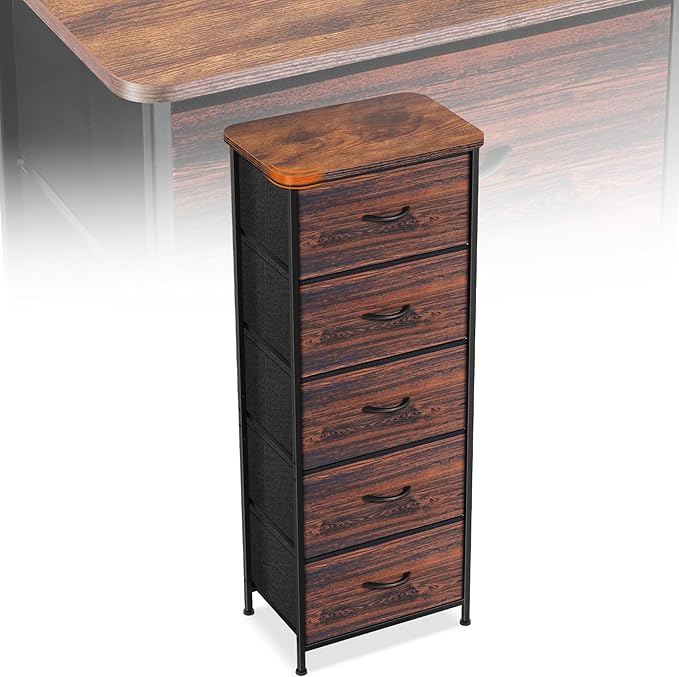 Curved Profile Dresser for Bedroom，5 Fabric Drawer Dresser with Waterproof Wood Top Chest of Drawers for Hallway, Living Room, Kid Room (Rustic Brown)