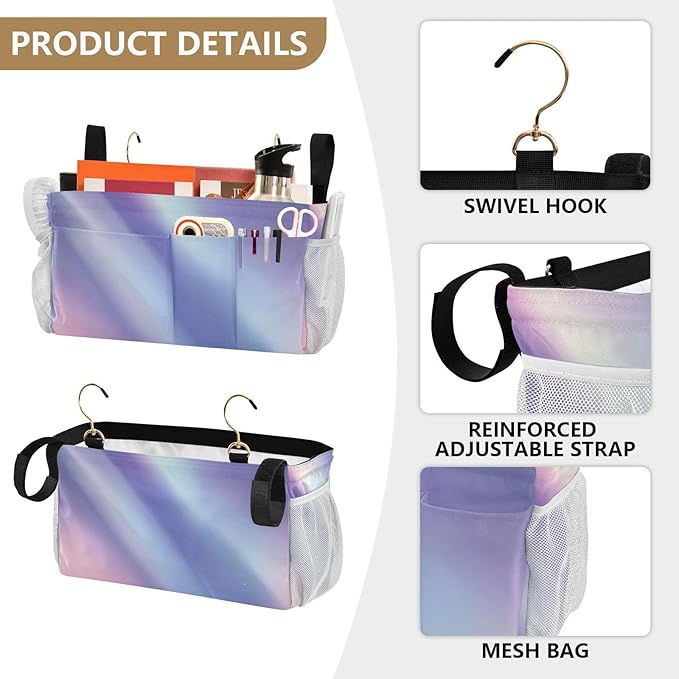 Purple Blue Gradient Bedside Caddy for Dorm Bed Bedside Hanging Caddy Bag Iron Frame Storage Organizer Pocket for Bunk Home College Hospital Beds 2 Hooks