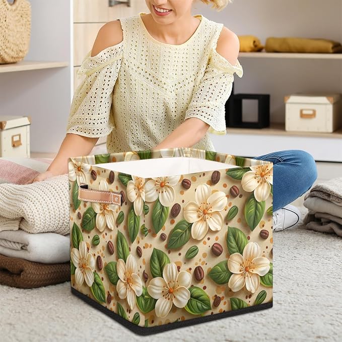 TropicalLife 13x13x13 Inch Large Fabric Storage Cube Beige Floral Print Foldable Storage Bin with Handles Organizer Boxes Cube Basket for Shelves Organizing Closet