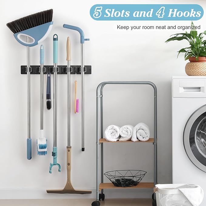 Black Broom Holder Wall Mount - Heavy Duty Wood Mop and Broom Organizer with 5 Slots & 4 Hooks - Sturdy Garden Tool Hanger for Laundry Room Closet Kitchen Garage Storage and Organization