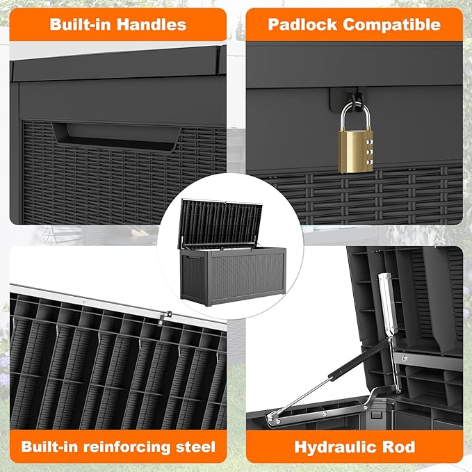 320 Gallon Resin Deck Box, Lockable Patio Outdoor Storage Box for Furniture, Garden Tools and Tools Storage, Waterproof Outside Storage Boxes - Black