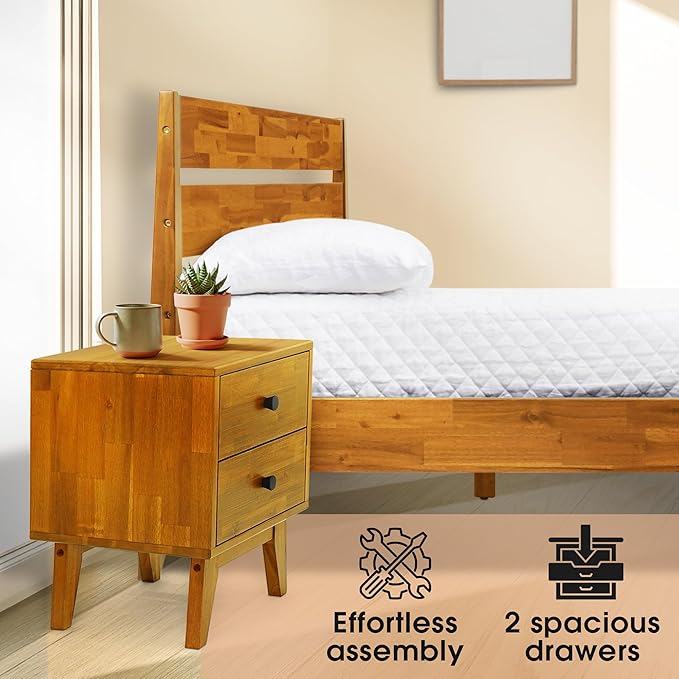 Acacia Silvia Nightstand with 2 Drawers, Solid Wood Bedside Table, Table with Storage Drawers for Bedroom, Bedside End Table with Drawer and Storage Space, Caramel