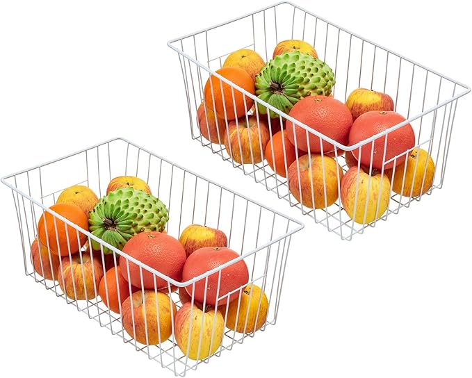 16Lx12Wx6H inch Wider Freezer Organizer Baskets Container, Refrigerator Metal Wire Storage Bins with Handles for Kitchen, Pantry, Cabinet, Closets - Pearl White（4 Packs