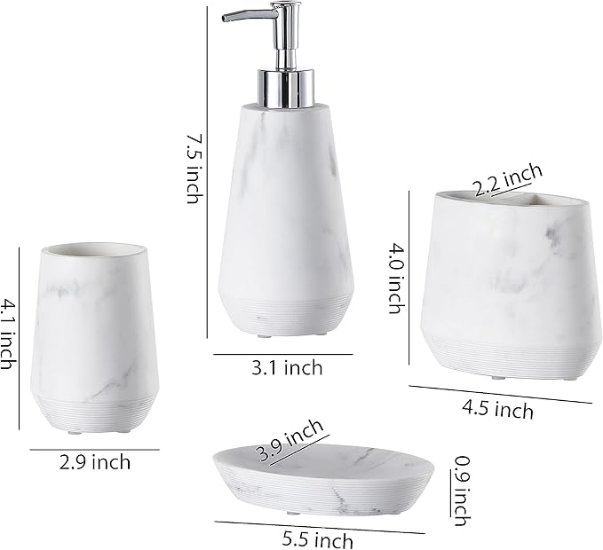 4 Piece Modern Bathroom Accessory Set with Marbled Style and Geometric Design Includes Lotion Dispenser, Toothbrush Holder, Tumbler, Soap Dish (Mordern Style Marble)