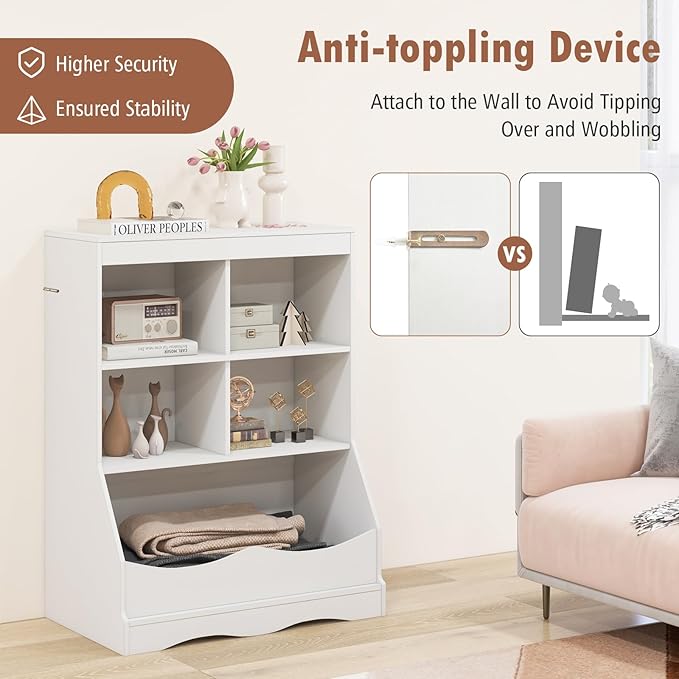 Storage Organizer, Small Bookcase w/ 4 Open Cubes & 1 Bottom Compartment, Anti-Tipping Device, Foot Pads, Low Cube Bookshelf for Bedroom, Living Room, Playroom, Study, Small Spaces (White)
