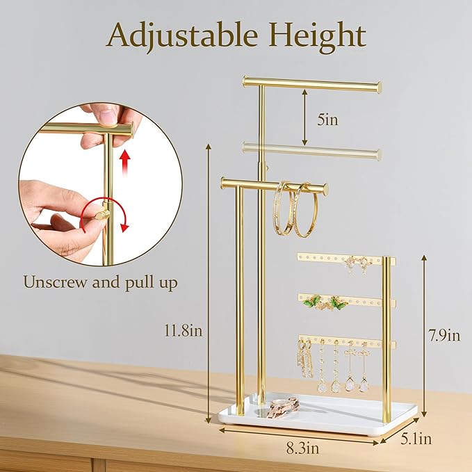 Jewelry Holder Organizer Stand - Adjustable Tall 17.5" (Max), Gift for Women, Mirrored Gold Jewelry Hanger for Necklaces, Earrings, Bracelets, Rings