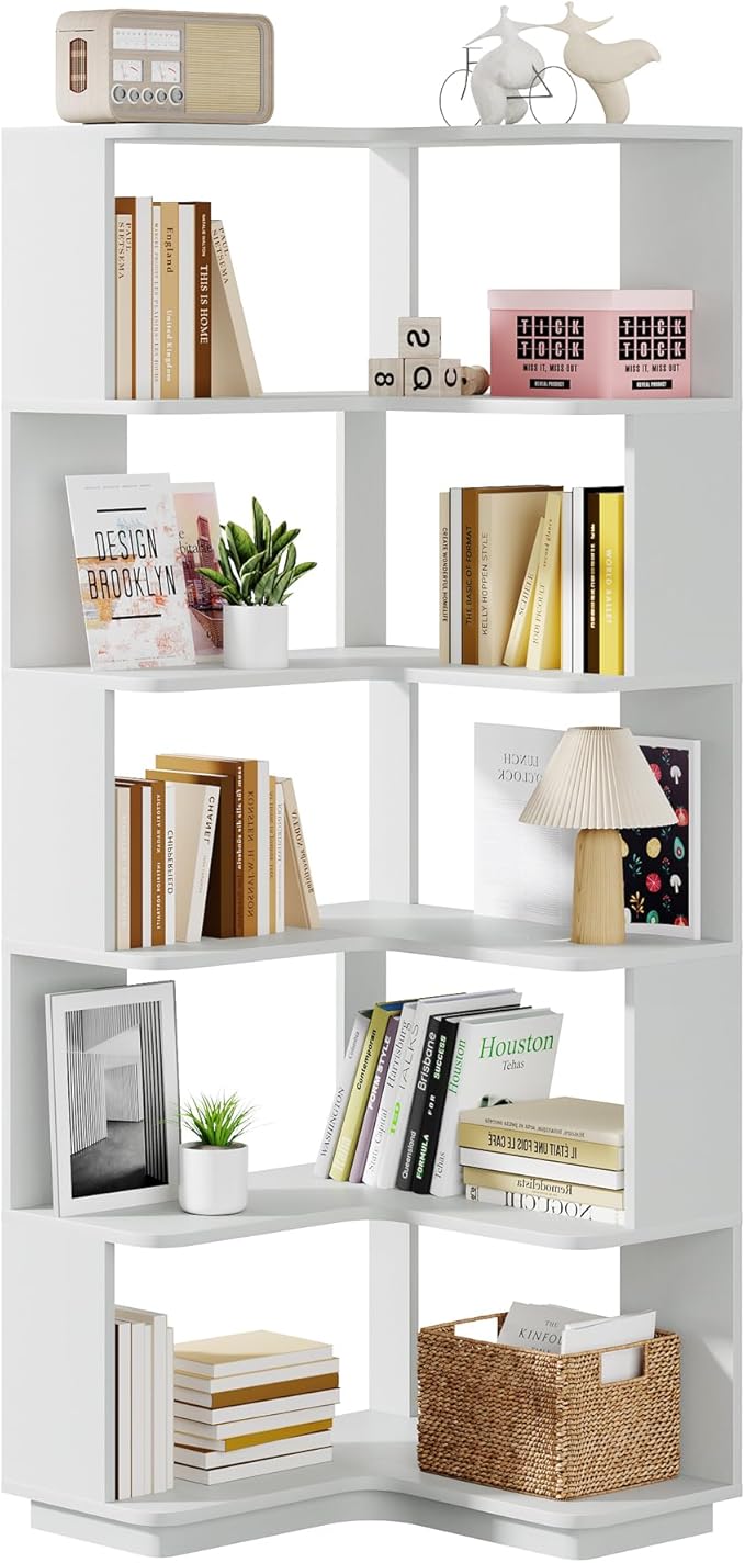 Tribesigns 6-Tier Corner Bookshelf, 64.96 Inch Tall Bookcase with Anti-Drop Panel, Modern Freestanding Corner Shelf Display Rack Storage Organizer for Home Office, Living Room, Silver Gray