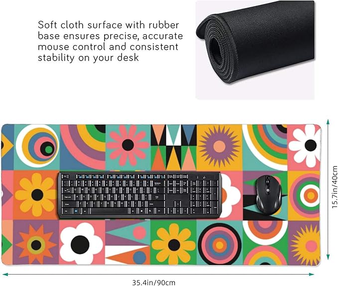 Cute Colorful Flowers Large Mouse Pad, Vintage Aesthetic Gaming Desk Mat, XXL Keyboard Desk Pad Mat for Desktop, 35.4"x15.7" Non-Slip Base Big Mousepad with Stitched Edges