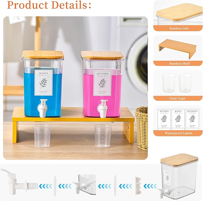 Liquid Laundry Detergent Dispenser Set with Shelf and Bamboo Lids for Laundry Room Organization and Storage - 2 Pack 96 oz Laundry Containers for Laundry Soap, Fabric Softener