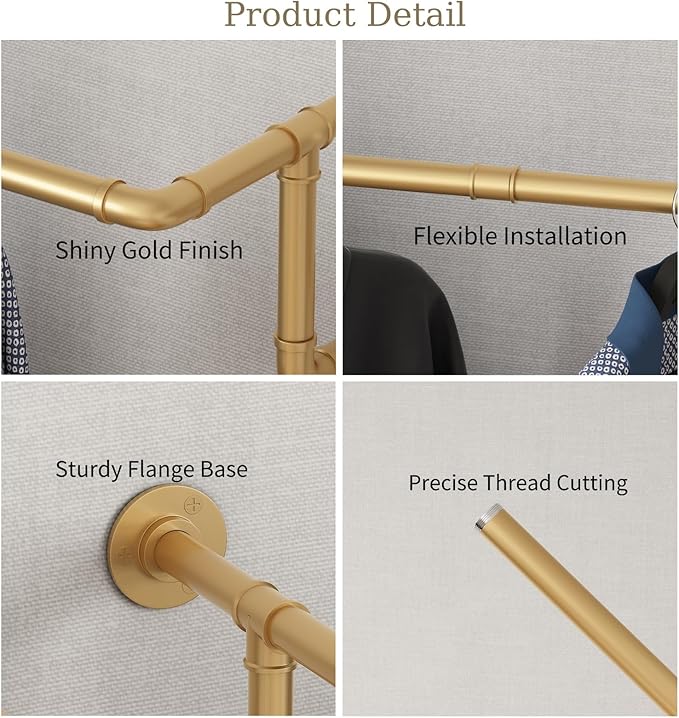 Industrial Pipe Clothing Racks 2 Pack, 36.2In Wall Mounted Clothes Rack, Gold Wall Clothing Racks for Hanging Clothes, Space Saving Closet Hanging Rod for Laundry Room, Bedroom