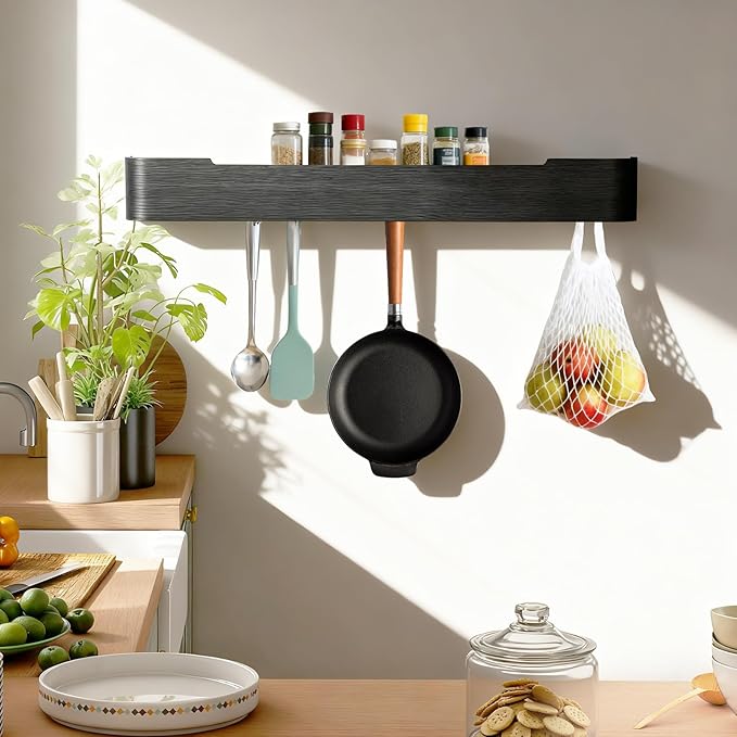 Wall Coat Rack Floating Shelves Modern Coat Rack Wall Mount with Storage Entryway Shelf Wooden Hanger 20 Inch 4 Hidden Metal Hooks for Living Room Bedroom (Black, 8 Hooks)