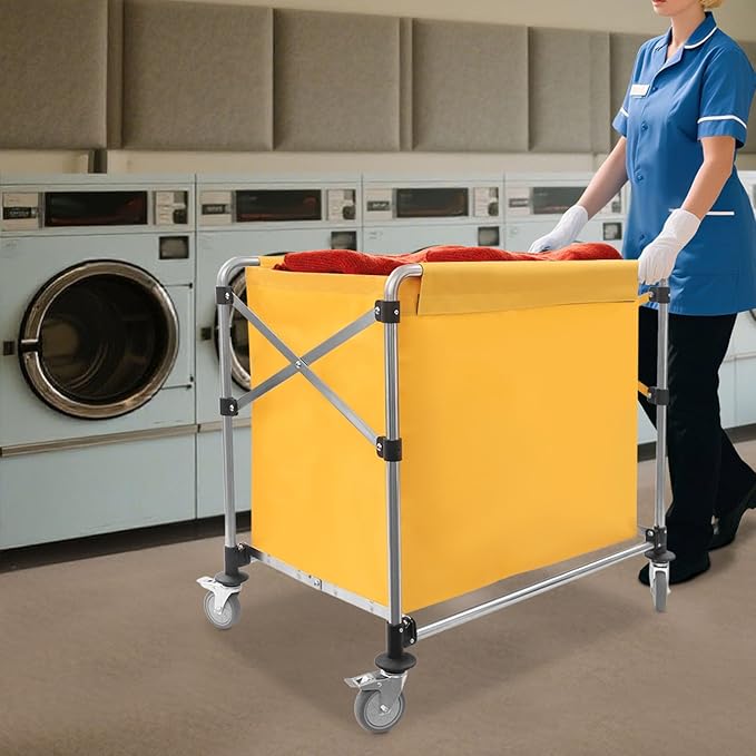 Commercial Laundry Cart with Wheels,Folding Laundry Hamper Cart,Heavy Duty Rolling Laundry Basket with Large Capacity,Laundry Sorter Trolley for Home Hotel Apartment (Yellow, 35.43 * 23.62 * 34.65in)