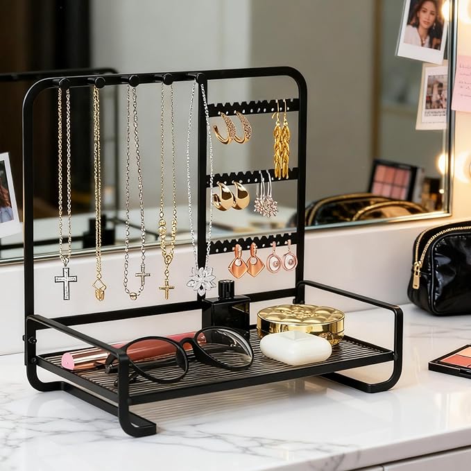 Jewelry Holder, Jewelry Organizer Display Holder with Metal Frame, Jewlery Stand with Metal Frame and Wooden Base, Display With Storage Bottom Plate for Earrings for Necklace Bracelet Earring Ring