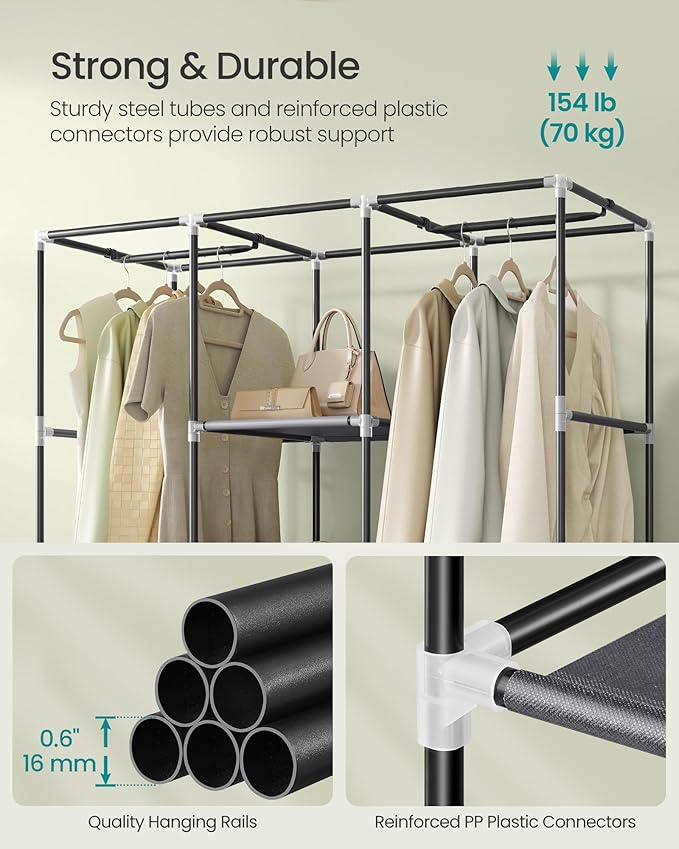 SONGMICS Portable Closet, 51.2 Inch Large Capacity Wardrobe Closet Organizer with Fabric Cover, Hanging Rods and Shelves, 51.2 x 17.7 x 66.1 Inches, for Bedroom, Living Room, Dove Grey URYG096G01