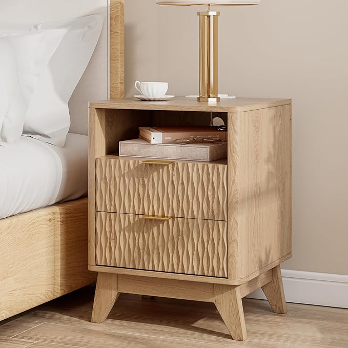Fluted Nightstand with Charging Station, 18" Modern End Table with Storage Drawers, Bedside Table for Bedroom, Natural Oak(2 Piece)