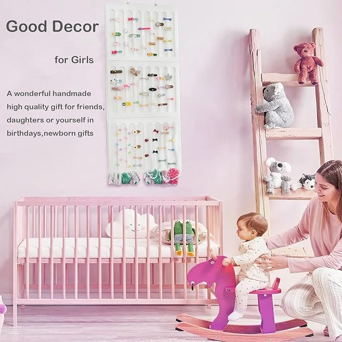 Hair Bows Holder & Organizer for Girls, Wall Hanging Baby Hair Accessory Storage Display with Sturdy Rope for Girl Room & Nursery